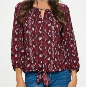 West Kei Stitch Fix Tie Front Blouse Top Burgundy Red Snakeskin Women's Small